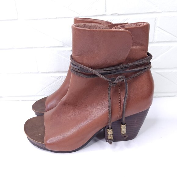 OTBT Vagabond Chestnut Brown Leather Open Toe Booties Wrap Ankle Detail 8 - Picture 4 of 9